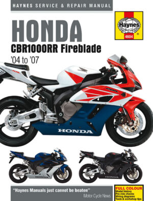 Forside til Haynes reparasjonsmanual 4604 som viser motorsykkelen og viser alle Honda CBR1000RR Fireblade modellene som dekkes i manualen.